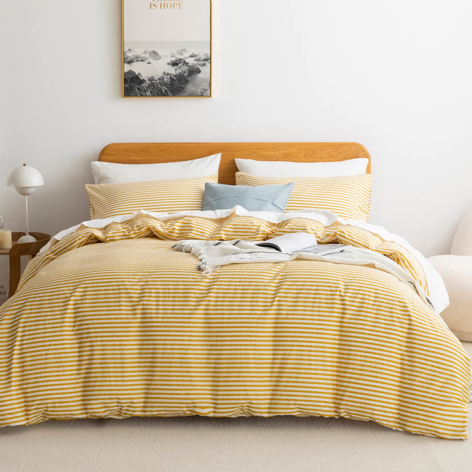 Jellymoni 100% Natural Cotton 2Pcs Striped Duvet Cover Sets, White Duvet Cover With Yellow Stripes Pattern Printed Comforter Cov